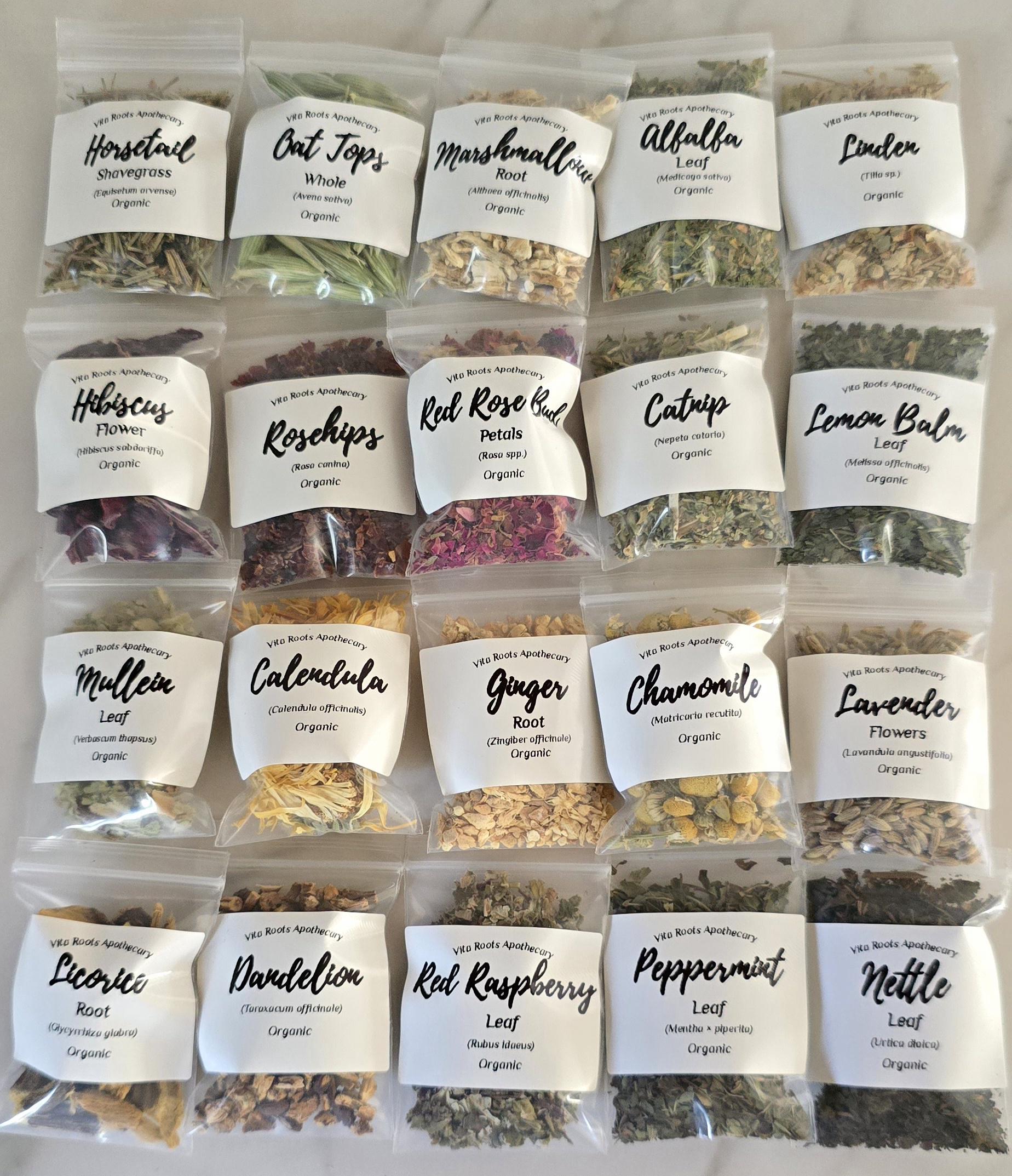 Beginner Apothecary Kit – 20 Organic Herbs, Tea Sampler (Optional Mortar & Pestle)