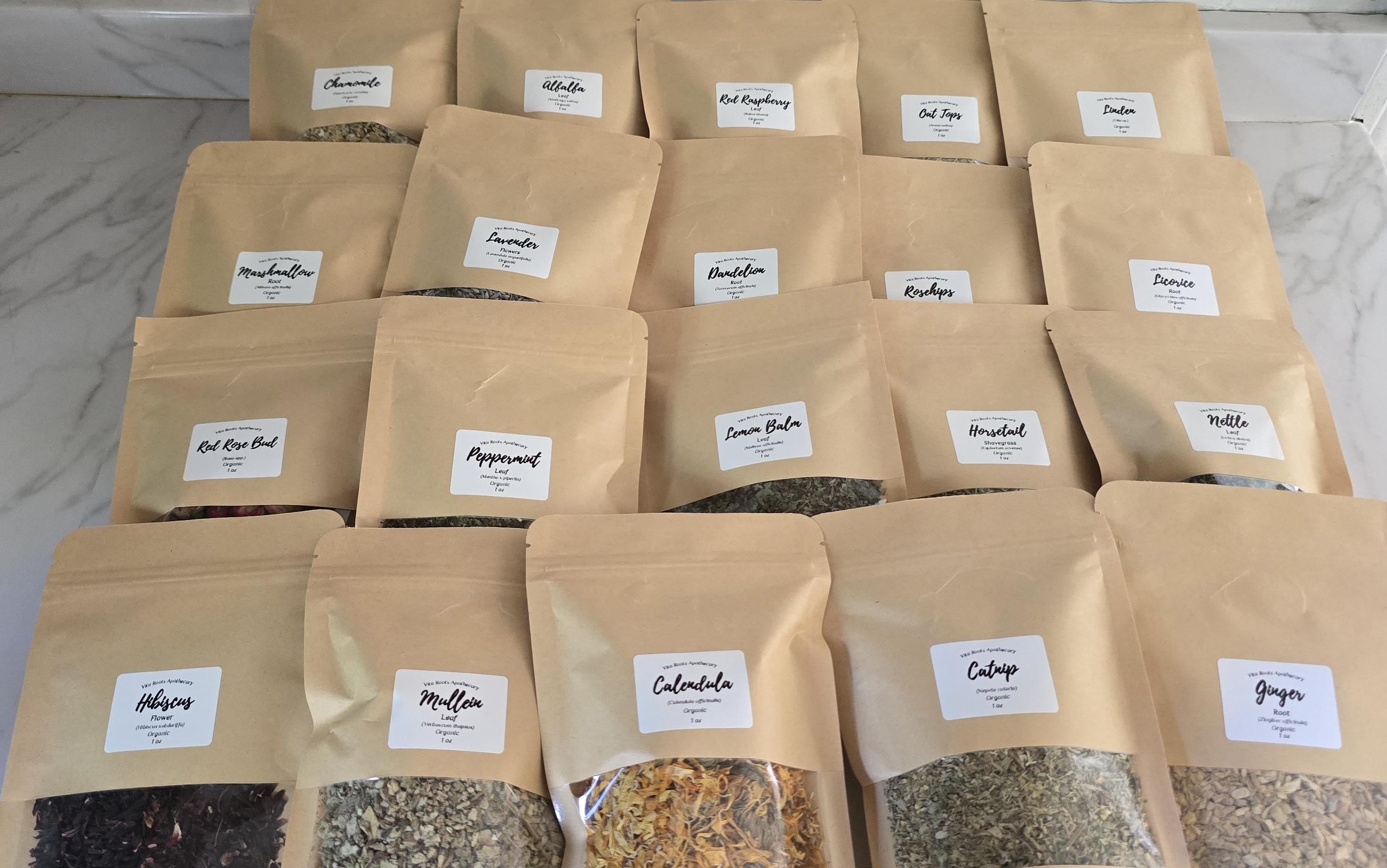 Organic Apothecary Kit, 20 Loose Leaf Herbs, Herbalist Starter (Optional Mortar & Pestle)