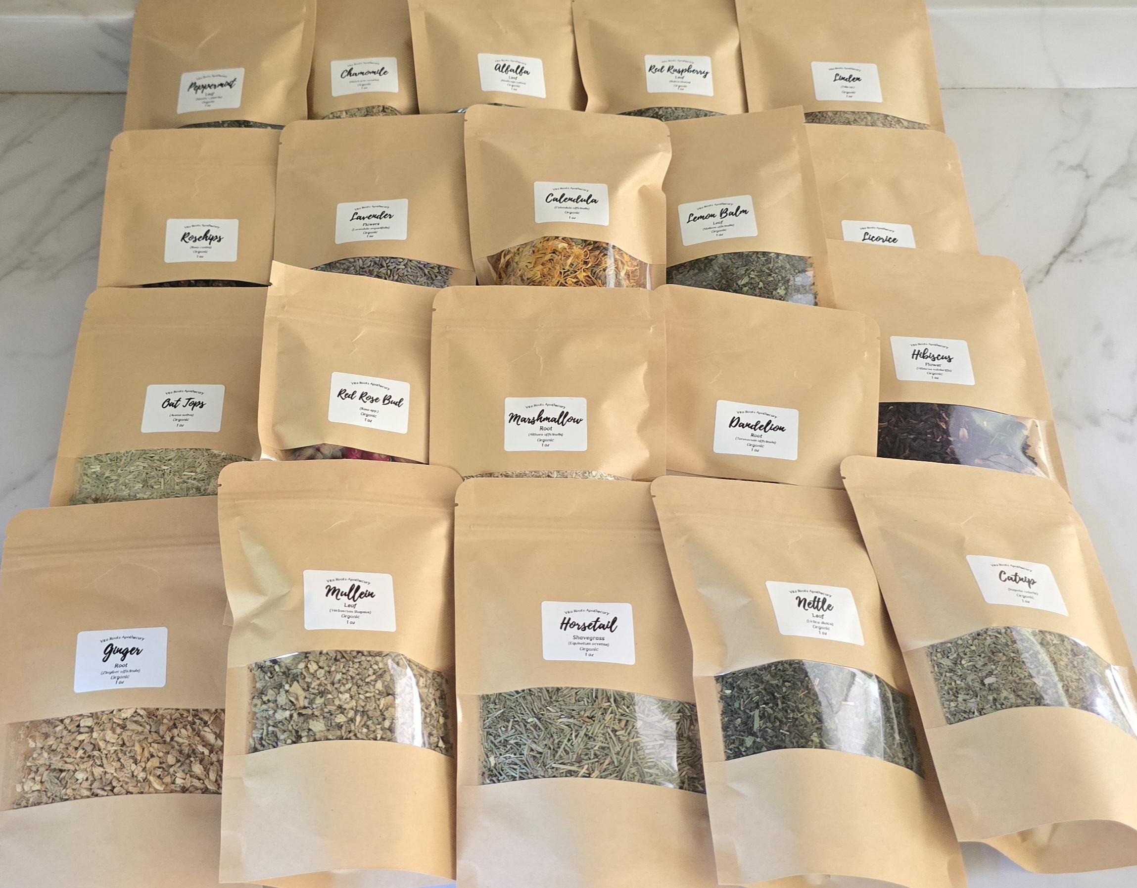 Organic Apothecary Kit, 20 Loose Leaf Herbs, Herbalist Starter (Optional Mortar & Pestle)