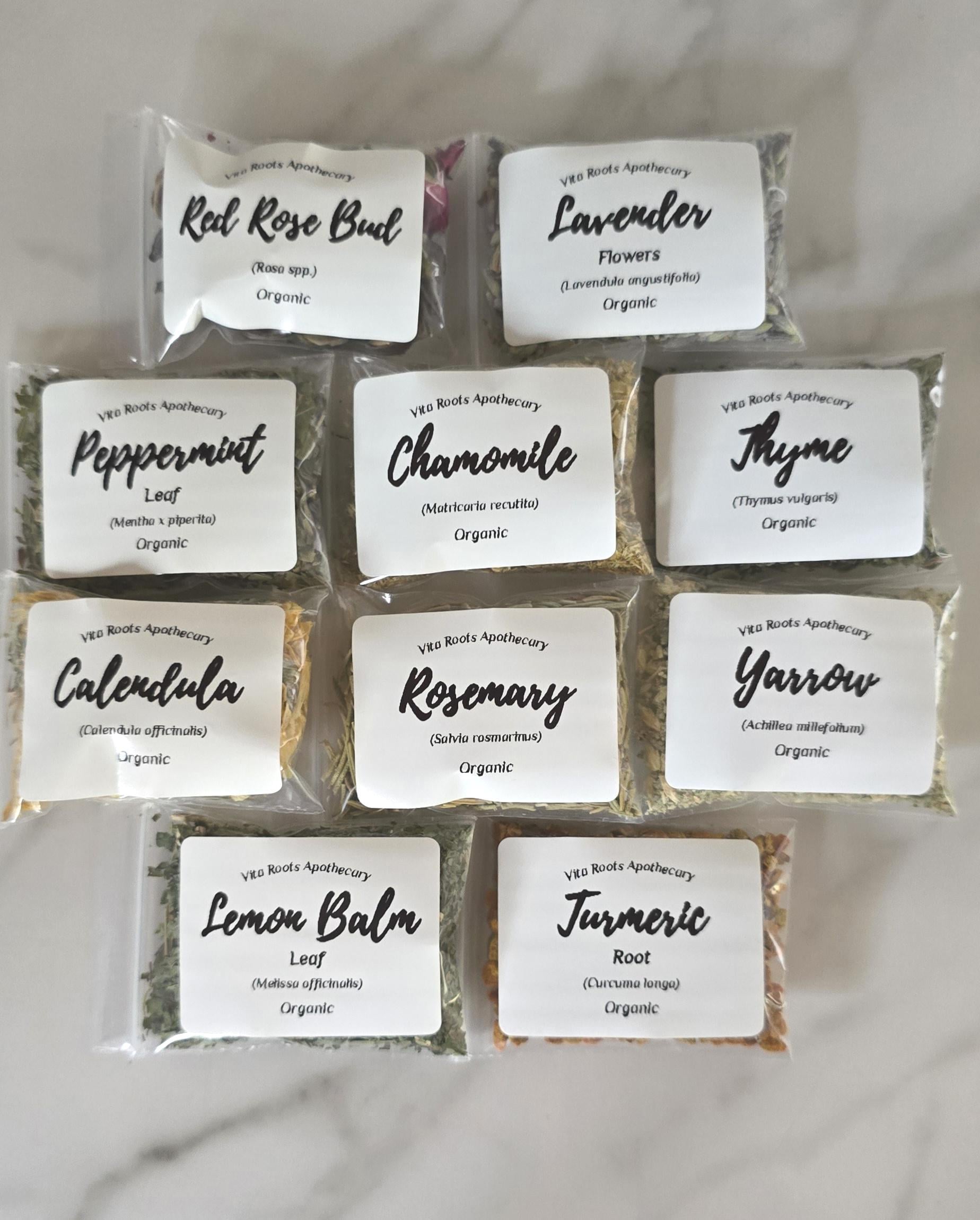 Organic Beginner Apothecary, 10 Herb Sampler Kit: Tea, Self-Care & Cooking, Mortar and Pestle Optional